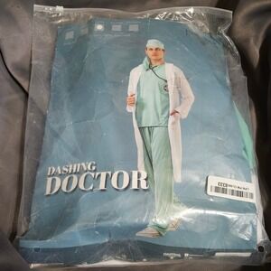 Dashing Doctor Men Halloween Costume Set Large Lab Coat Scrub Hat Mask Hauntlook